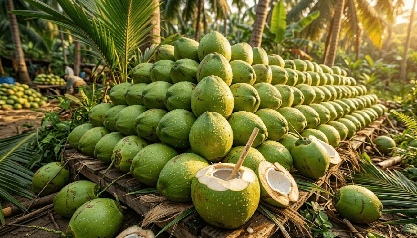 প্রিমিয়াম প্যাকেজ করা তরুণ ডাবের ক্লোজআপ, থাইল্যান্ড-স্টাইল ডায়মন্ড কাট প্যাকেজিং