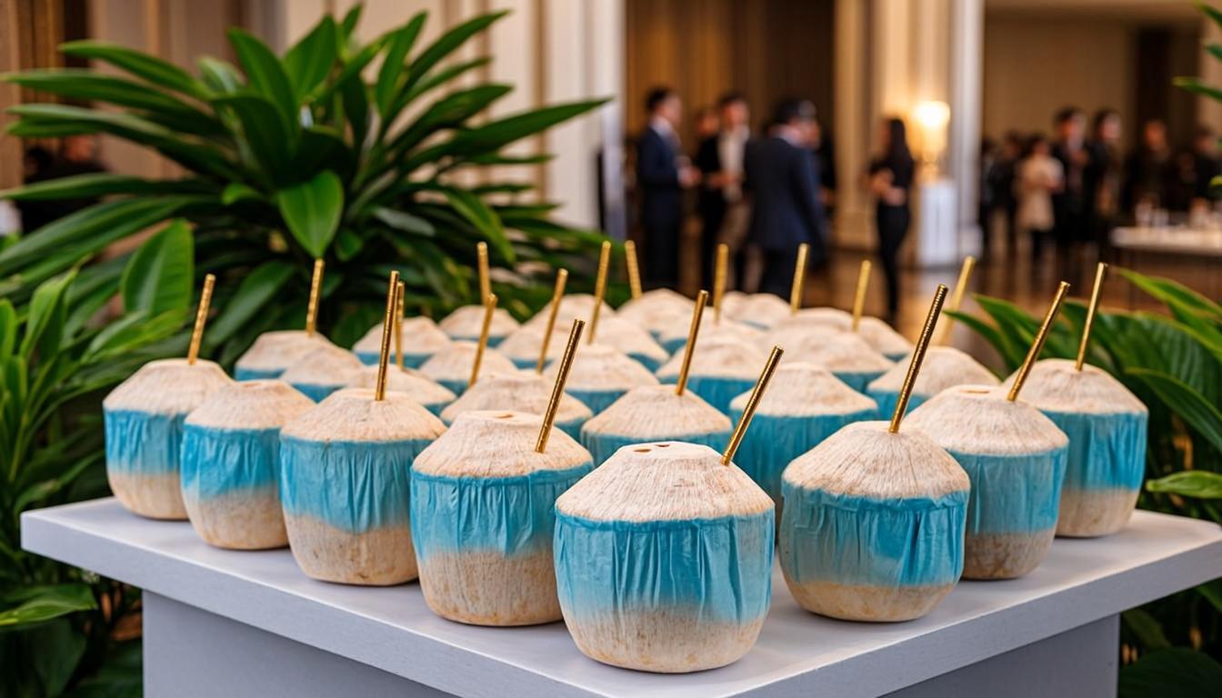 Elegant daab hydration station at corporate event – fresh daab for corporate events Bangladesh