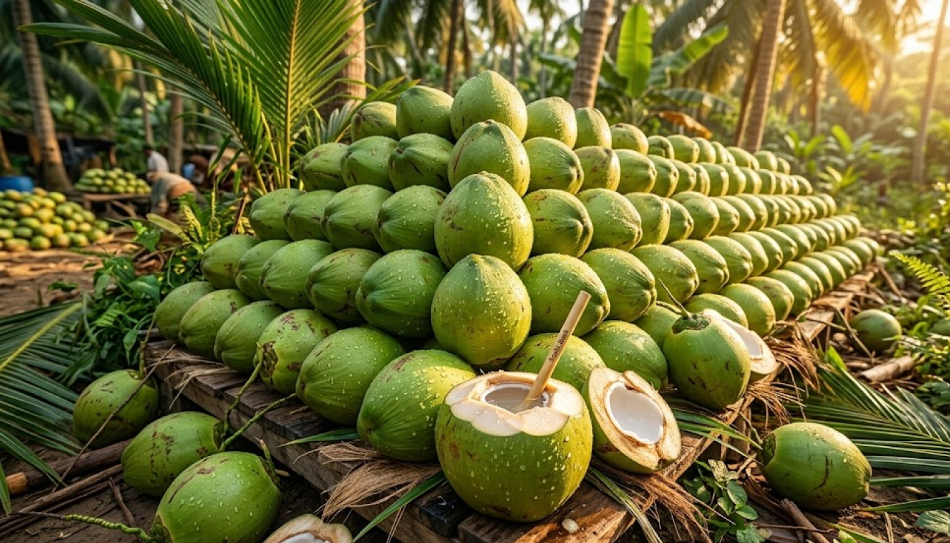 Premium packaged young coconut close-up – Thailand-style diamond cut packaging with plastic wrap