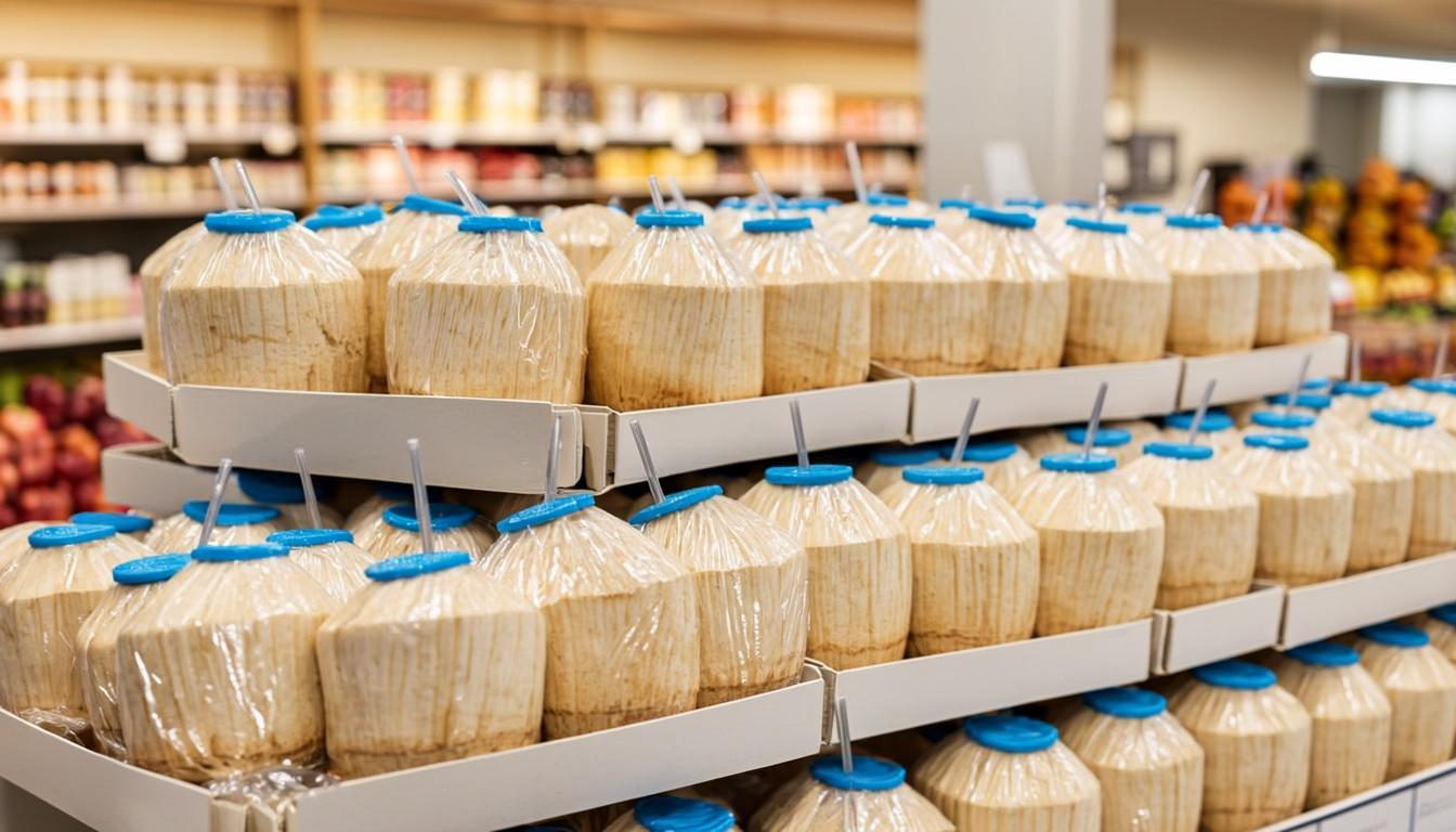 Premium fresh daab displayed in modern supermarket produce section – bulk daab supply for super shops in Dhaka